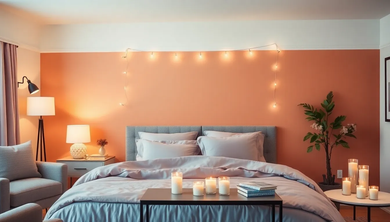 a cozy romantic bedroom with soft lighting and delicate decor.