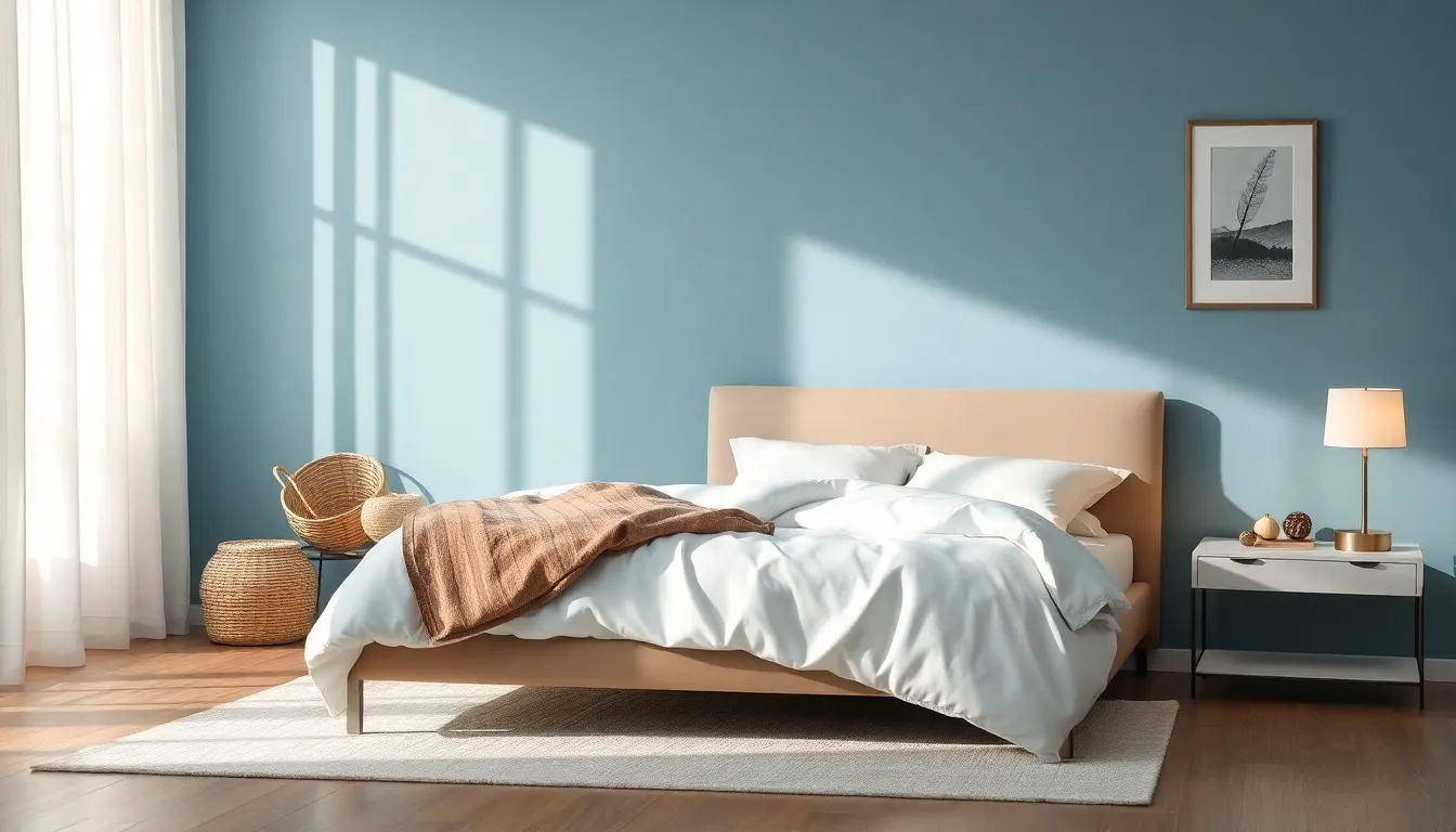 calm bedroom with soft blue paint and modern decor.