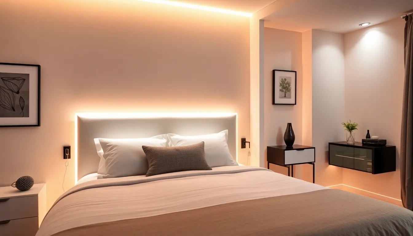 a modern bedroom with warm LED lighting and a cozy atmosphere.
